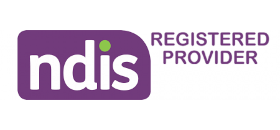 Official NDIS logo purple background white writing and Mawson Lakes Physiotherapy is a Registered NDIS Provider